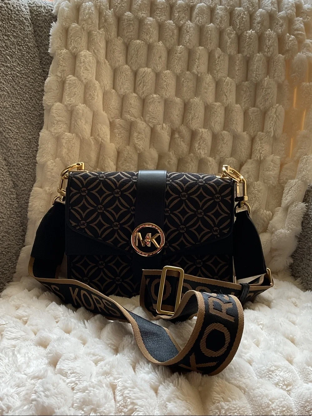 Michael Kors Black & Brown Logo Crossbody with Gold Accent Greenwich Small.